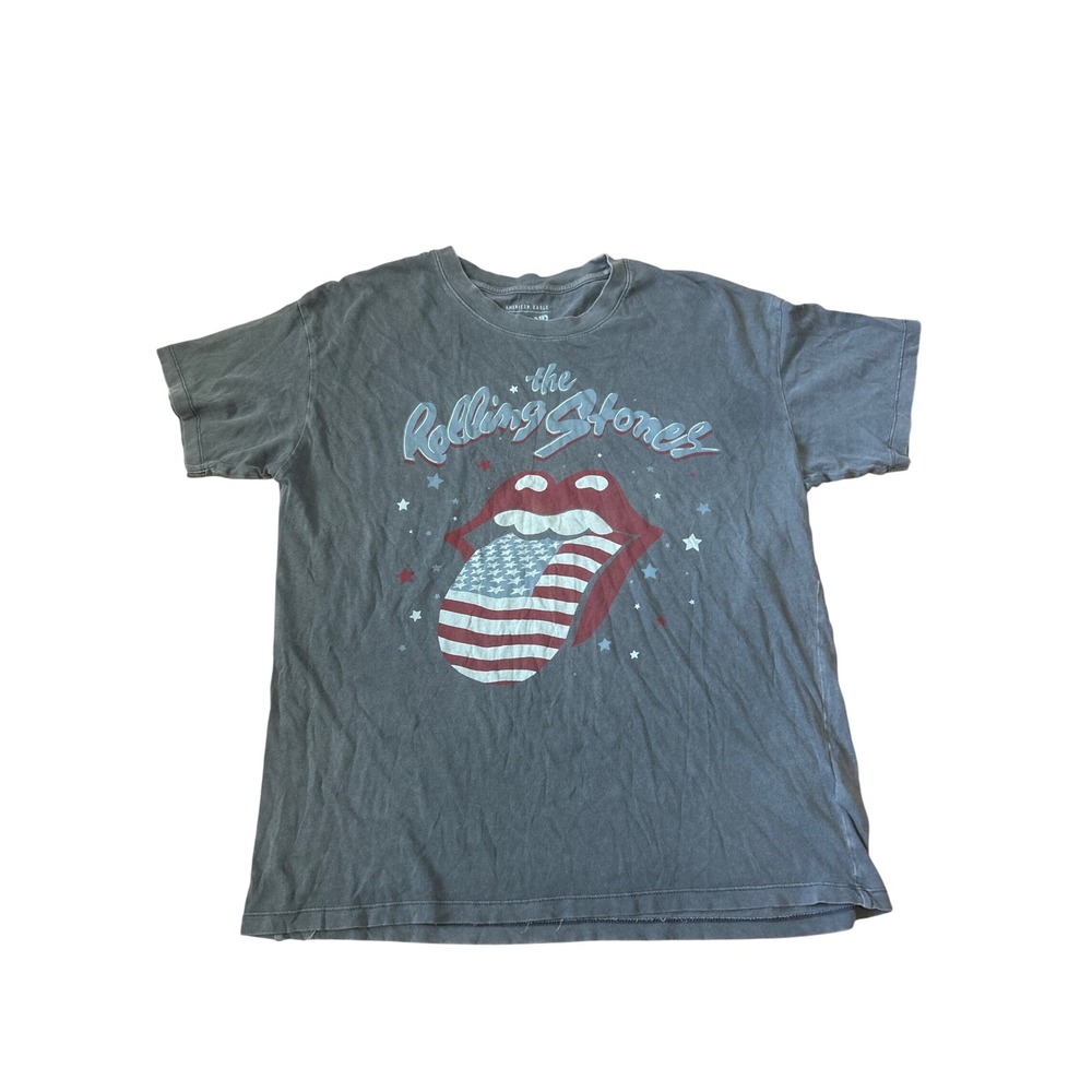 American Eagle Rolling Stones Graphic T-Shirt Charcoal Grey XS/S US Flag Tongue